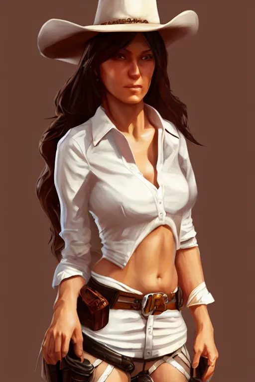 Image similar to full body, female cowgirl, perfect face, white blouse, holster, 8 k, magic the gathering, desert, d & d, artstation, high detail, smooth, sweaty character concepts by senior concept artist