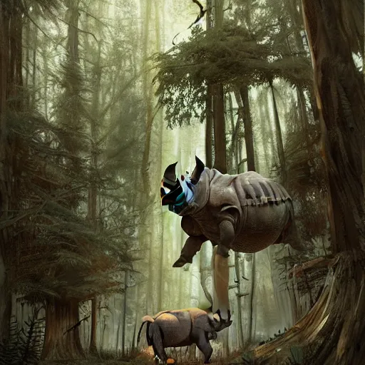 Prompt: a painting of a rhino and a skeleton in a forest, a detailed matte painting by marc simonetti, behance contest winner, fantasy art, matte painting, concept art, matte drawing.