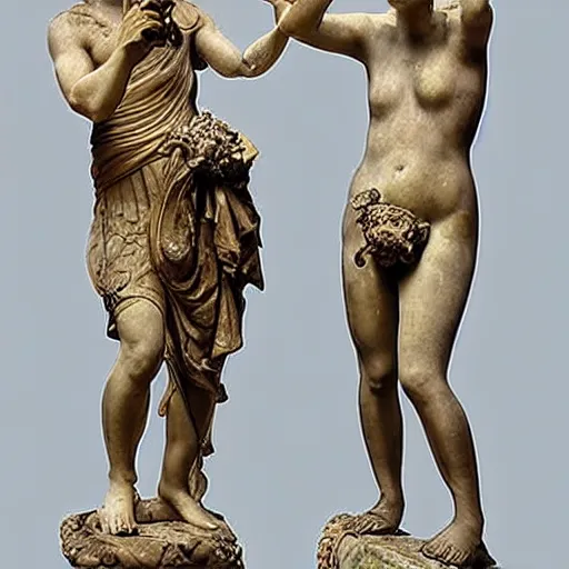 Prompt: corinthian marble statues, with bronze poos covering their private parts,