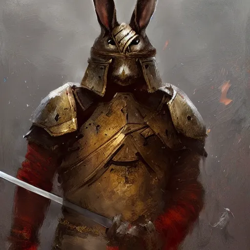Image similar to rabbit warrior - swordsman, brush strokes, oil painting, greg rutkowski
