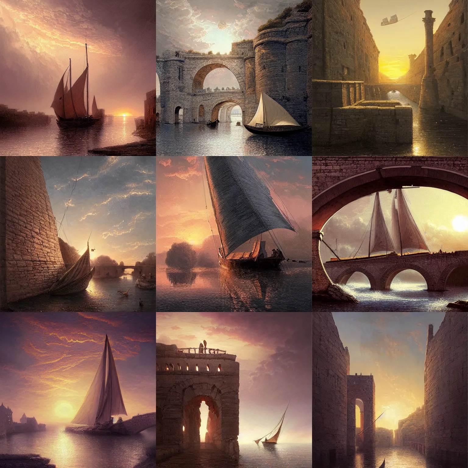 Prompt: Ancient sail boat crossing an aqueduct, medieval city, sunset, digital art, worth1000.com, cgsociety, by greg rutkowski, by Gustave Doré, by Marco Turini, by Artgerm, Deviantart