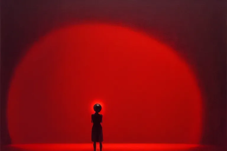 Image similar to only with red, netflix studios with workers at work, a big mickey mouse head in the middle, in the style of beksinski, parts by edward hopper, parts by rodcenko, parts by yue minjun, intricate and epic composition, red by caravaggio, insanely quality, highly detailed, masterpiece, red light, artstation, 4 k