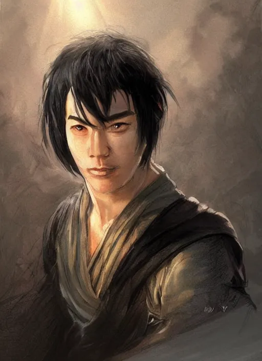 Image similar to asian with medium black hair man looking down at me, low angle, camera low, dndbeyond, bright, colourful, realistic, dnd character portrait, full body, pathfinder, pinterest, art by ralph horsley, dnd, rpg, lotr game design fanart by concept art, behance hd, artstation, deviantart, hdr render in unreal engine 5