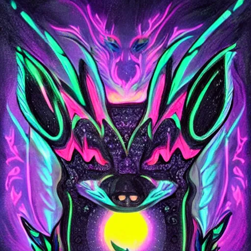 Prompt: a stylized blacklight neon black velvet painting of an bipedal fox with a skull for a face, hummingbird feathers for fur, themed around death and astronomy, in the style of dnd beyond avatar portraits, beautiful, artistic, elegant, lens flare, magical, lens flare, nature, realism, stylized, art by hayou miyazaki