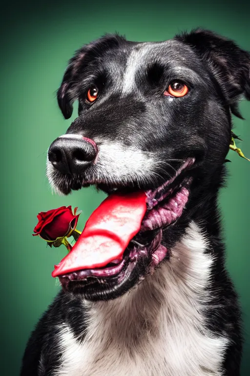 Image similar to black dog holding rose in his mouth, bright green eyes, studio lighting, 4 k, realistic, chromatic abberation, global illumination