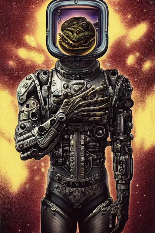 Image similar to a portrait of a muscular anthropomorphic cyberpunk basilisk lizard with big head in spacesuit armor with ensignia on chest plate by sandra chevrier, by jon foster, detailed render, pistol in holster, tape deck, epic composition, cybernetics, 4 k realistic, cryengine, realistic shaded lighting, sharp focus, masterpiece, by enki bilal