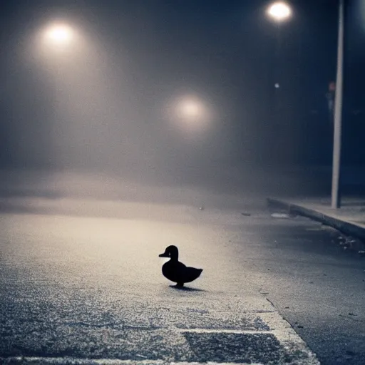 Image similar to a lonely duck under a street light, fog, still from a movie by bong joon - ho