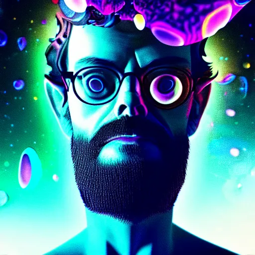 Image similar to terence McKenna posing seductively with psychedelic mushrooms, psychedelic, fractal, cinematic lighting, dramatic, octane render, full body, trending on artstation, perfect facial symmetry, bokeh, 8k, intricate, hyper detailed