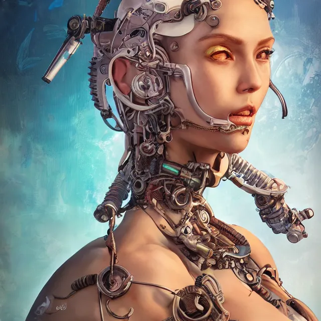 Image similar to the portrait of true neutral semi - colorful female cyborg mechanist as absurdly beautiful, gorgeous, elegant, young swimsuit model, an ultrafine hyperdetailed illustration by kim jung gi, irakli nadar, intricate linework, bright colors, octopath traveler, final fantasy, unreal engine 5 highly rendered, global illumination, radiant light, detailed and intricate environment