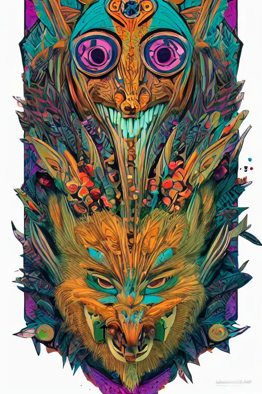 Image similar to animal mask totem roots flower tribal feather gemstone plant wood rock shaman vodoo video game vector cutout illustration vivid multicolor borderlands comics by josan gonzales and dan mumford radiating a glowing aura