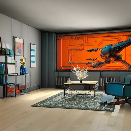 Image similar to Sci fi engine room living room, cybernetic wallpaper, thunderstrike walls, unreal engine 5 tech demo, zillow interior, cool tint, metallic reflective, octane render, Frank Lloyd Wright ((Studio Ghibli))