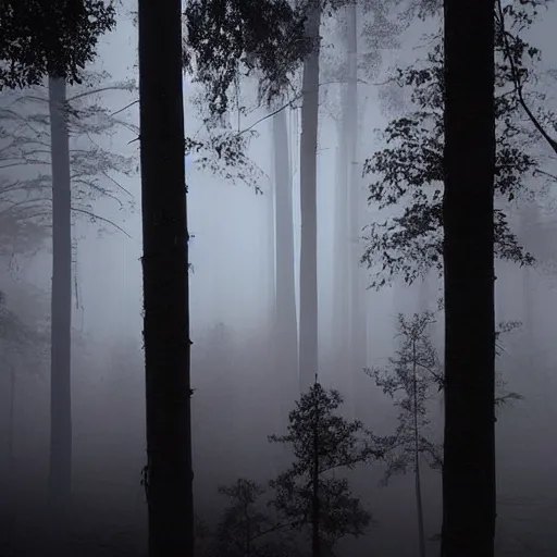 Image similar to jotunn!!! in the forest at night, misty, foggy, creepy, scary, horror,