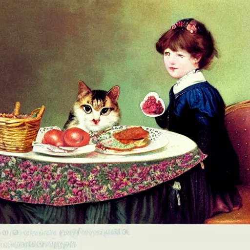 Image similar to a girl has breakfast with her cat at the table filled with food, flowery wallpaper, 1 8 8 0 s style, professional photography, color