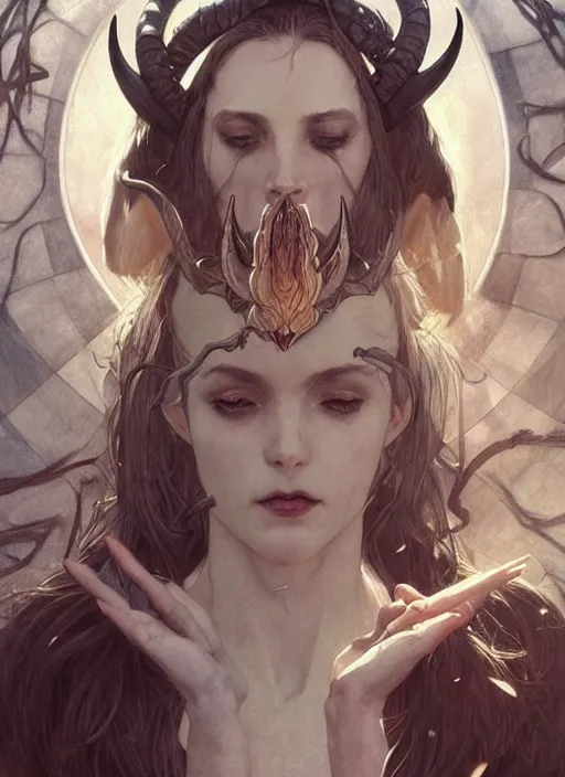 Prompt: a beautiful illustration of a satanic witch with horns in head, intricate, sharp focus, illustration, highly detailed, digital painting, concept art, matte, art by wlop and artgerm and greg rutkowski and alphonse mucha, masterpiece