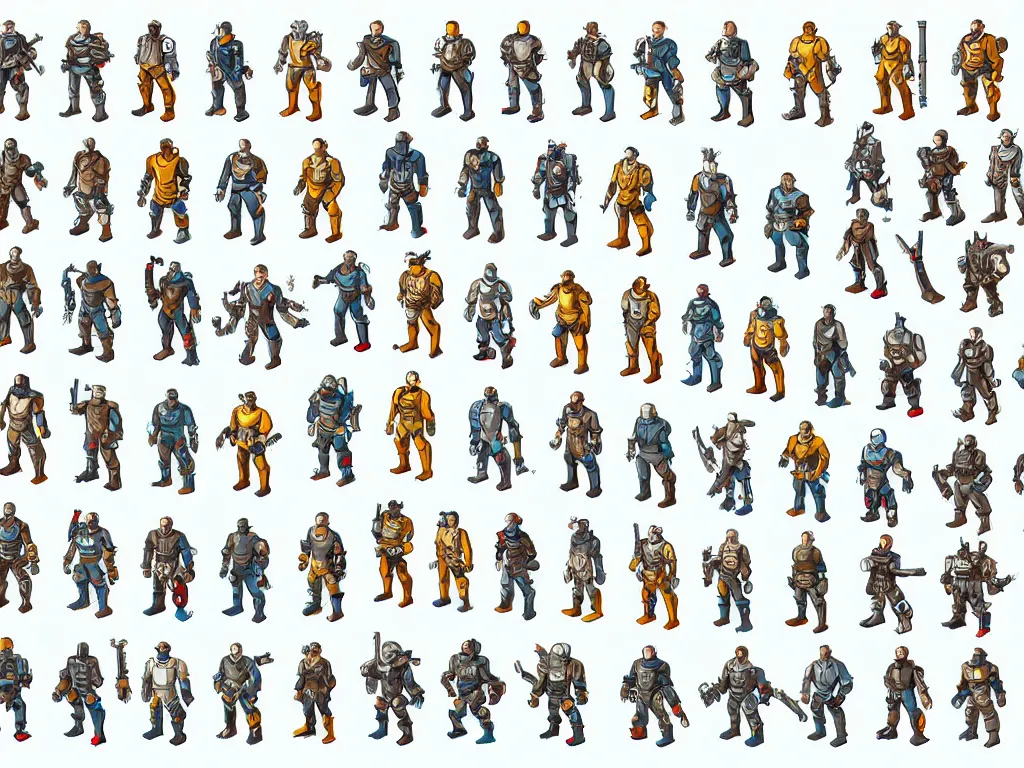 Prompt: isometric character sprite sheet. small character sheet! characters! fallout npc, power armor! rotated left right front back, in gouache detailed paintings, props, stylized, 2 d asset sheet, kitbash, arcane, overwatch, 8 k, close up, white background