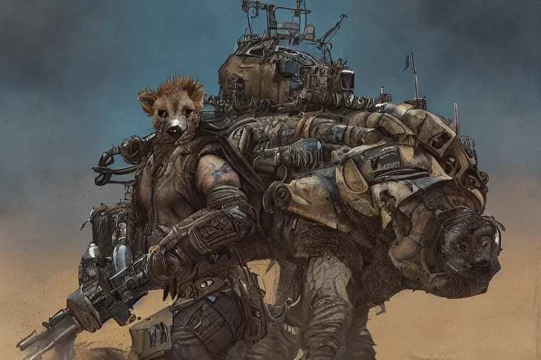 Image similar to a good ol'hyena fursona ( from the furry fandom ), heavily armed and armored facing down armageddon in a dark and gritty version from the makers of mad max : fury road. witness me.