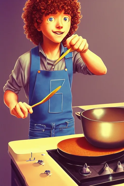 Image similar to young arlo guthrie making pancakes, animation pixar style, by pendleton ward, magali villeneuve, artgerm, rob rey and kentaro miura style, golden ratio, trending on art station