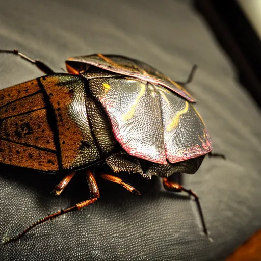 Image similar to a giant brown marmorated stink bug on a bed in a hotel room, bug, beetle, hotel, bed, pentatomidae, halyomorpha halys, canon eos r 3, f / 1. 4, iso 2 0 0, 1 / 1 6 0 s, 8 k, raw, unedited, symmetrical balance, wide angle