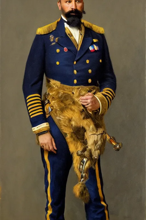 Image similar to full body portrait of the dictator of the memphis grizzlies, 1 8 8 9, in full military garb, memphis midnight blue, beale street blue, smoke blue, grizzlies gold and white, oil on canvas by william sidney mount, trending on artstation