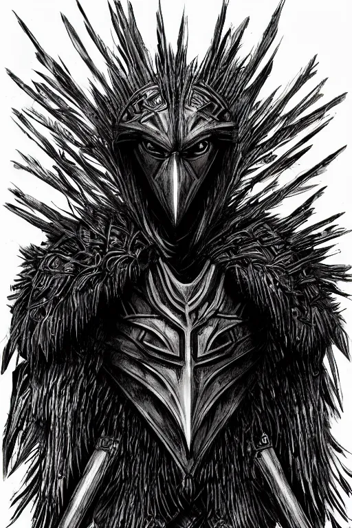 Prompt: armoured raven humanoid monster, crows feet, symmetrical, highly detailed, digital art, black feather armour, sharp focus, trending on art station, kentaro miura manga art style