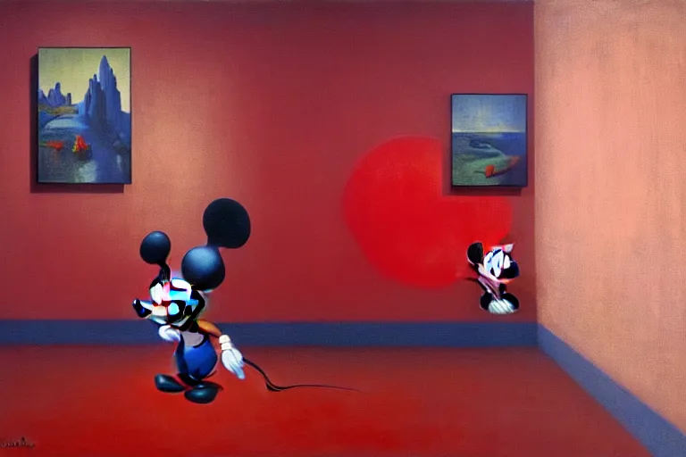 Image similar to only with red, red mickey mouse donald duck and goofy steal art paintings, in a museum contemporary art, in the style of beksinski, parts by edward hopper, parts by rodcenko, parts by yue minjun, intricate and epic composition, red by caravaggio, insanely quality, highly detailed, masterpiece, red light, artstation, 4 k