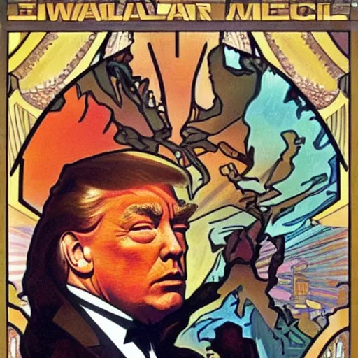 Prompt: jean Claude van Damme meets donald Trump, by alphonse mucha,