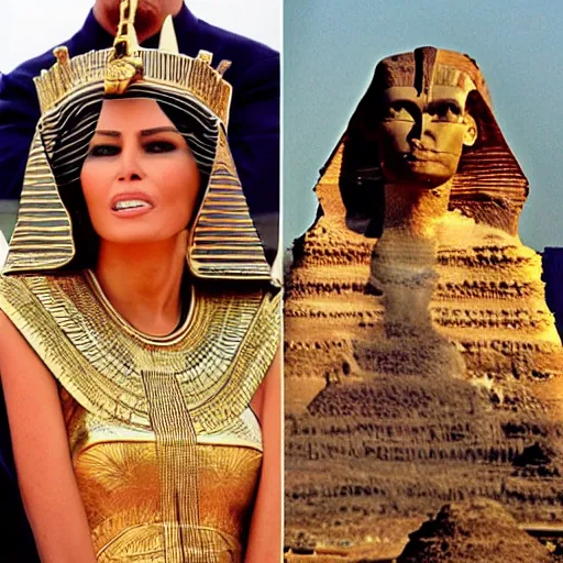 Image similar to donald trump as pharaoh, melania trump as egyptian queen, elegant, majestic, powerful, pyramids, anunaki, hieroglyphs, lush, rainforest, river, green, river god, wilbur smith, gold, trump tower