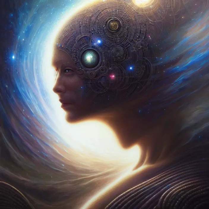 Image similar to closeup portrait shot of a meditation in a galaxy in a scenic dystopian environment, intricate, elegant, highly detailed, centered, digital painting, artstation, concept art, smooth, sharp focus, illustration, artgerm, tomasz alen kopera, peter mohrbacher, donato giancola, joseph christian leyendecker, wlop, boris vallejo