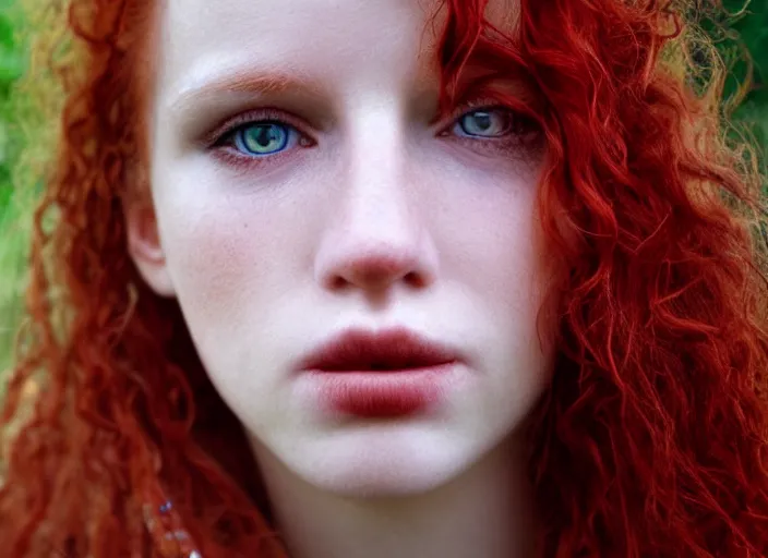 Prompt: award winning 5 5 mm close up face portrait photo of an anesthetic cute redhead with small nose, blood - red wavy hair, intricate eyes, in a park by luis royo