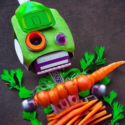 Image similar to robot made of vegetables with tomato head and a carrot sword, made in abyss style