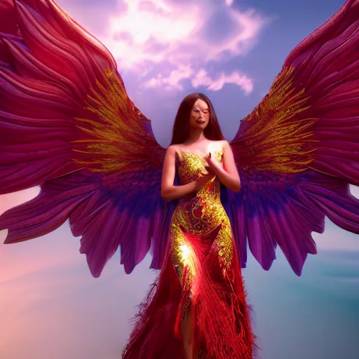 Image similar to a beautiful orchid phoenix angel woman, in an ornamented dress with large wings, photorealism, octane, unreal engine, volumetric light, god rays, 8 k high resolution, rubies