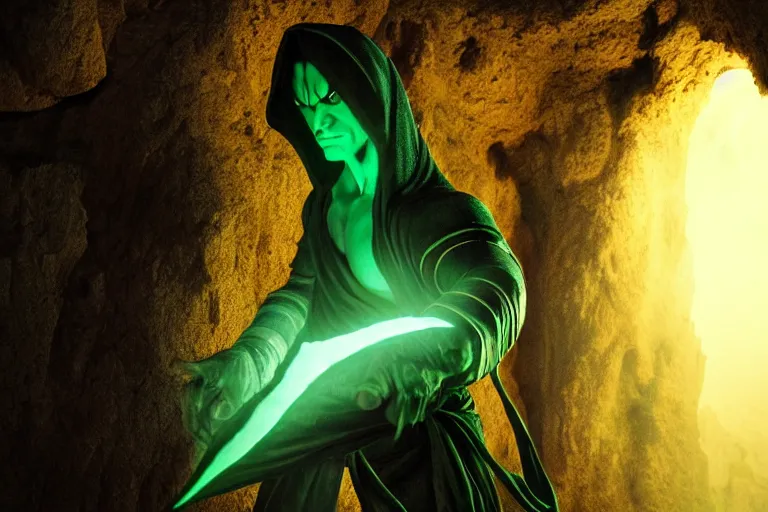 Prompt: vfx film, soul reaver, raziel irl, price of persia movie, missing jaw, hero pose, devouring magic souls, scarf, hood, glowing green soul blade, in epic ancient sacred huge cave temple, flat color profile low - key lighting award winning photography arri alexa cinematography, hyper real photorealistic cinematic beautiful, atmospheric cool colorgrade