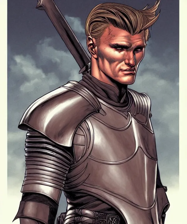 Image similar to a ( fantasy comic ) ( cover art ) portrait of a valiant knight who looks like ( young dolph lundgren ), digital illustration by jenny frison and sana takeda and kentaro miura, fine inking lines, dnd, highly detailed!, hd, 4 k, trending on artstation