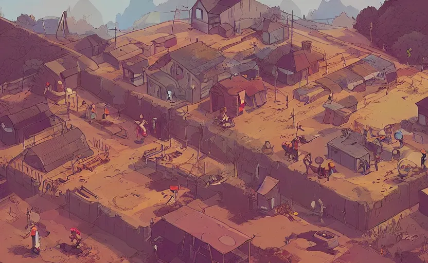 Image similar to people farming on a farm, small village, moebius, james gilleard, print, game art