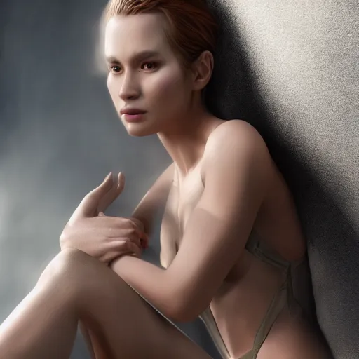 Image similar to full body pose, hyperrealistic photograph of stunning woman, dim volumetric lighting, 8 k, octane beautifully detailed render, extremely hyper detailed, intricate, epic composition, cinematic lighting, masterpiece, trending on artstation, very very detailed, stunning, hdr, smooth, sharp focus, high resolution, award, winning photo, dslr, 5 0 mm