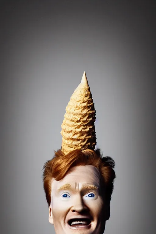 Image similar to 📷 conan o'brien the ice - cream cone 🍦, made of food, head portrait still image, dynamic lighting, 4 k