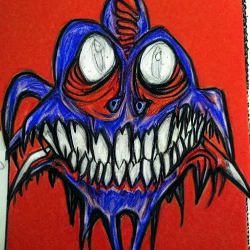 Image similar to fan art of carnage, 6 year old, crayons, paper,