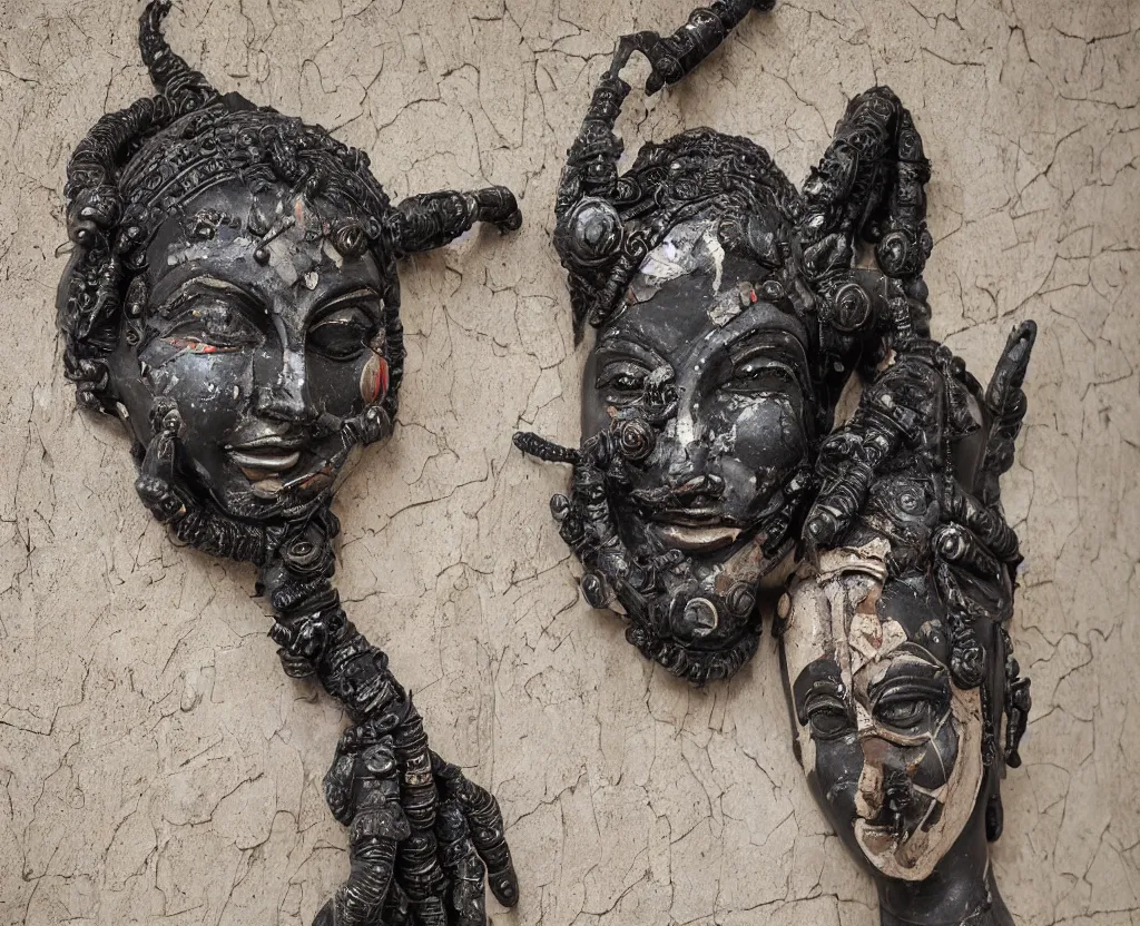 Image similar to high relief indian sculpture of cyborg demon woman, made of polychrome plaster stucco, covered in black shiny metallic paint, middle eastern, cracked, gyokugan eyes, dirty, low modern faceted style patterns, realistic, on a large marble wall, highly detailed, photography, high contrast, masterpiece,