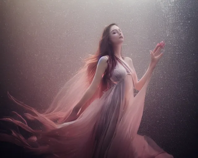 Image similar to beautiful female portrait, full body, diver in long flowy dress, underwater, cinematic volumetric lighting, soft bokeh, glow, 8 k, by wlop, by ross tran, fashion photography