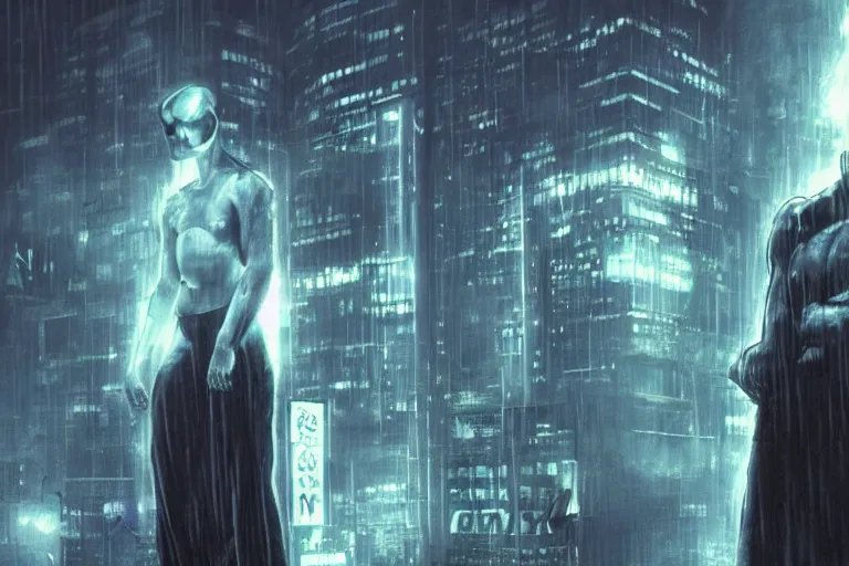 Image similar to roy batty with a bare torso sits in the lotus position with his head bowed in the rain on the roof of a building in the cyberpunk future, around neon signs, a little haze, night, realistic proportions, anime style ghost in armor