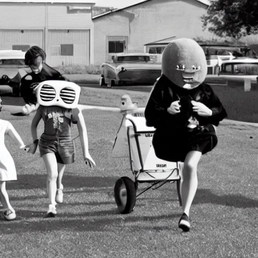 Prompt: in the style of 1960s, scary robot chasing kids