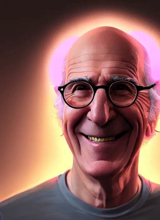 Prompt: portrait of larry david, realistic, skinny, smile, ugly, defined jawline, big chin, pink hair bow, intricate, elegant, glowing lights, highly detailed, digital painting, artstation, sharp focus, illustration, art by wlop, mars ravelo and greg rutkowski
