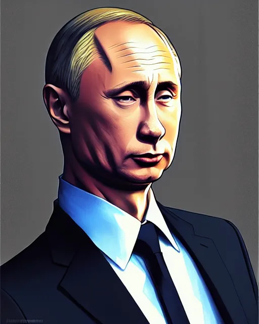 Prompt: portrait Anime guy as Putin. fine-face, pretty face, realistic shaded Perfect face, fine details. Anime. realistic shaded lighting by Ilya Kuvshinov WLOP Michael Garmash and Rob Rey in official suit