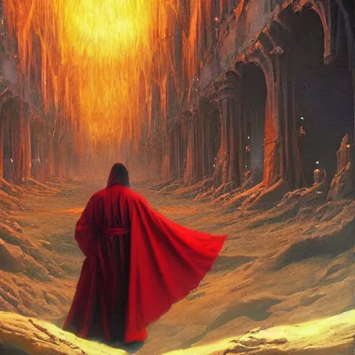 Image similar to fantasy painting with a wizard in red robes in a surreal environment by greg rutkowski and michael whelan w 1 0 2 4