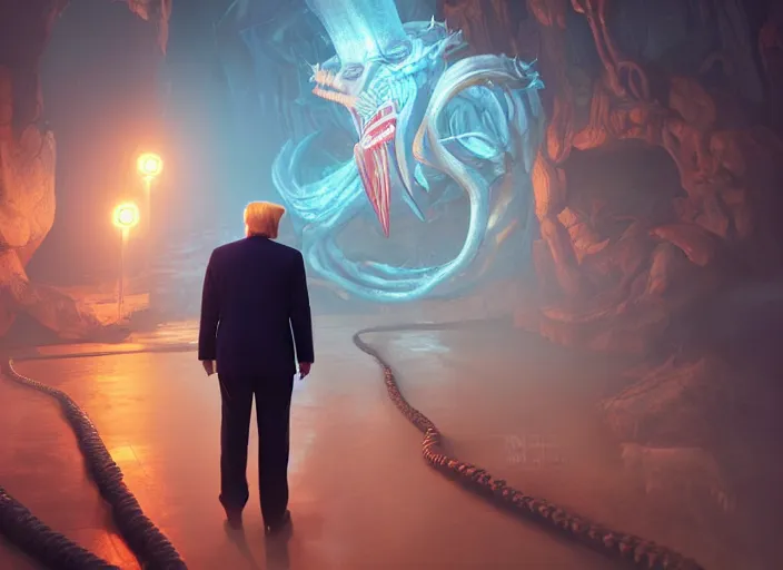 Prompt: donald trump ( focus ), eldritch, lovecraftian, octane render, volumetric lighting, ray tracing, unreal engine, style of 3 dimensional render, by andree wallin, by francois baranger