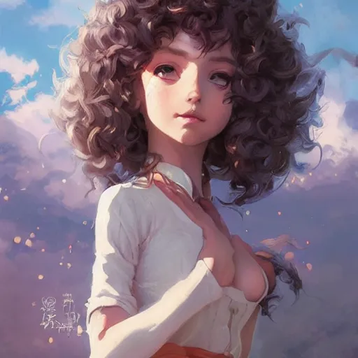 Image similar to portrait of cute pixie character with curly hair, highly detailed, digital painting, artstation, concept art, sharp focus, illustration, strong brush stroke, anime, art by greg rutkowski, ilya kuvshinov, sharp focus, ghibli studio, art by ilya kuvshinov, rossdraws