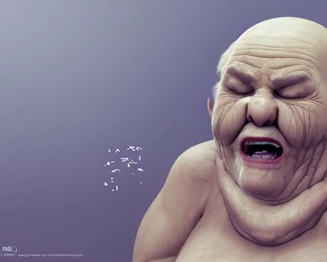 Image similar to of a very beautiful scene. ambient occlusion render. a sweet fat old woman is giving birth to her shadow. hyper realistic. 4 k. wide angle. wild. symmetrical face, red mouth, blue eyes. deep focus, lovely scene. ambient occlusion render. concept art. unreal engine.