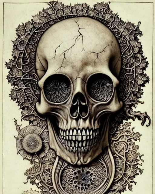 Image similar to memento mori by arthur rackham, art forms of nature by ernst haeckel, exquisitely detailed, art nouveau, gothic, ornately carved beautiful skull dominant, intricately carved antique bone, art nouveau botanicals, ornamental bone carvings, art forms of nature by ernst haeckel, horizontal symmetry, arthur rackham, ernst haeckel