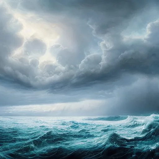 Prompt: huge storm on the ocean, wide angle shot, diffuse lighting, fantasy, intricate, elegant, highly detailed, lifelike, oil painting, concept art, smooth, sharp focus, a 2 4! film cinematography