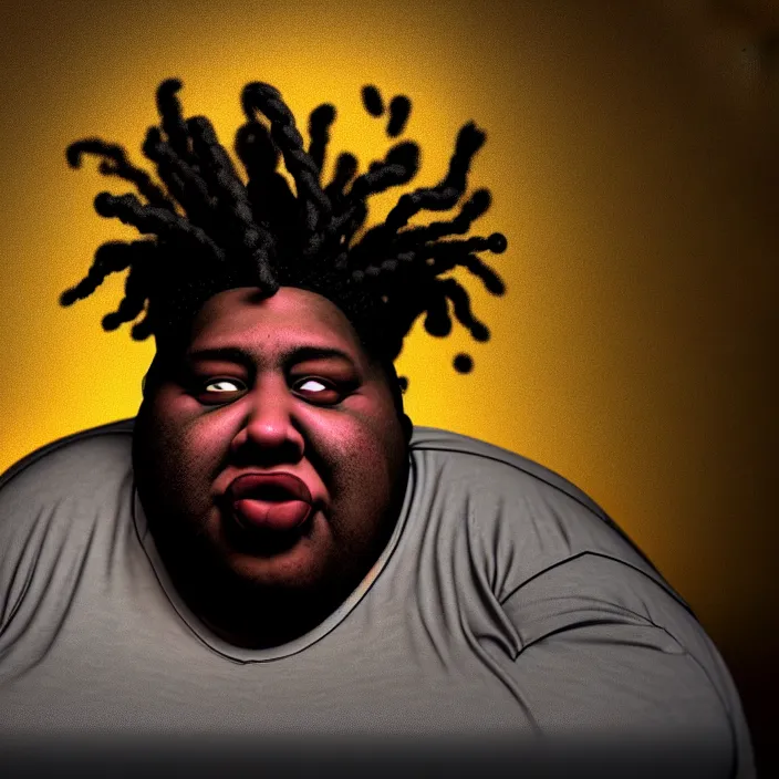 Image similar to hyperrealistic mixed media portrait of a moridly obese black man with dreads being sitting alone at a restaurant, depressing and hopeless vibe, stunning 3d render inspired art by P. Craig Russell and Barry Windsor-Smith + perfect facial symmetry + dim volumetric lighting, 8k octane beautifully detailed render, post-processing, extremely hyperdetailed, epic composition, grim yet sparkling atmosphere, cinematic lighting + masterpiece, trending on artstation